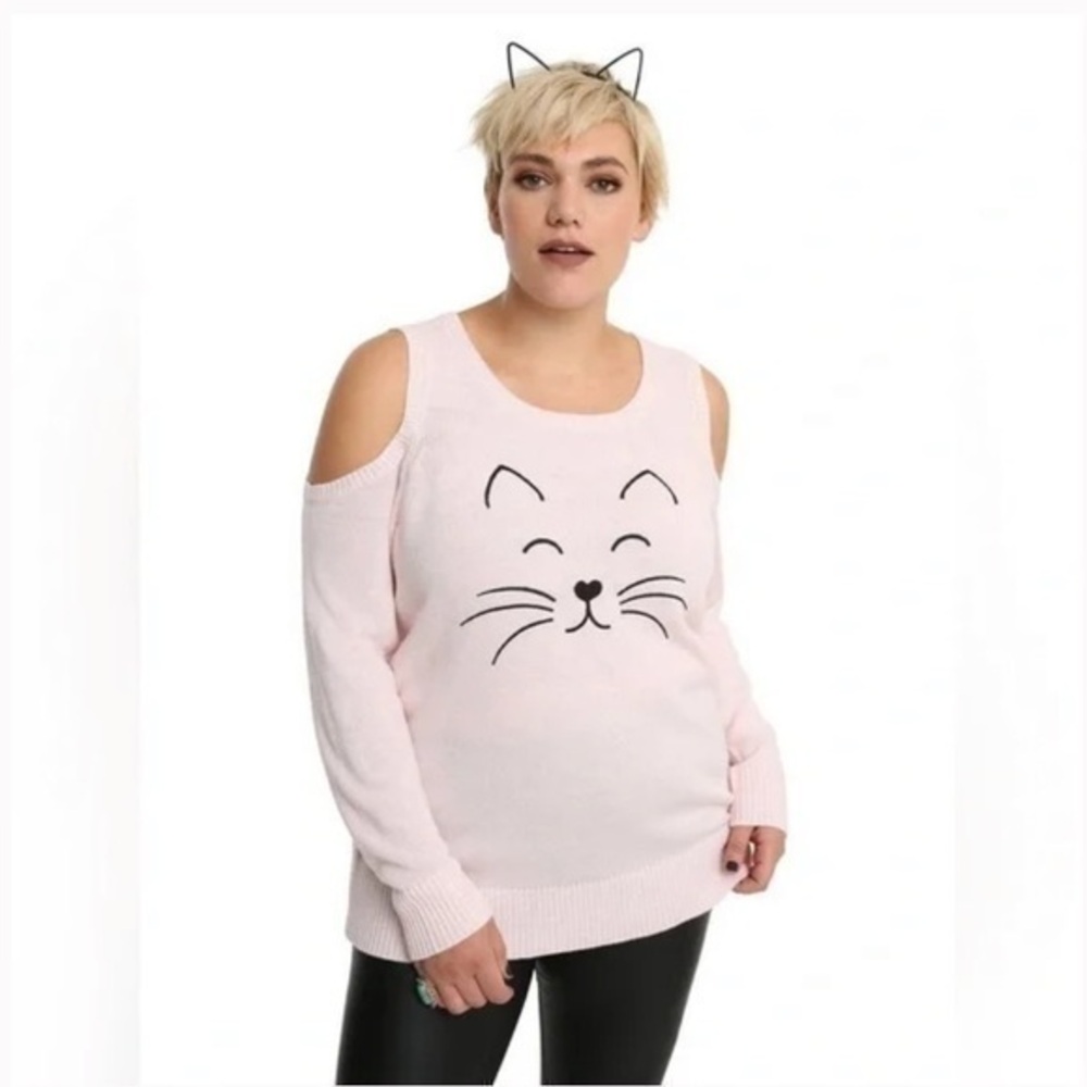 Hot Topic pink cat cold shoulder sweater. Large